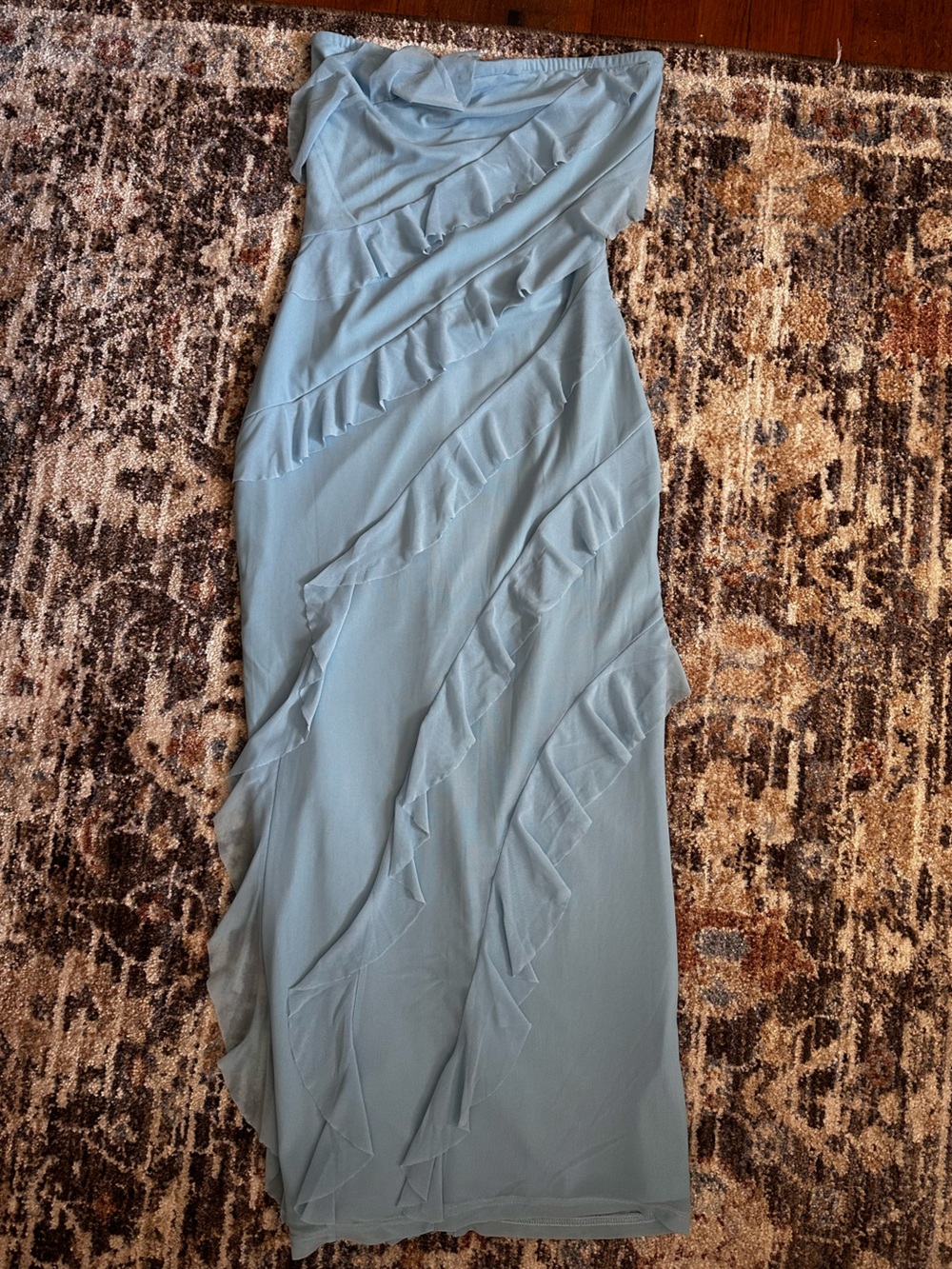 Amazon Strapless Ruffle Maxi Dress in Light Blue